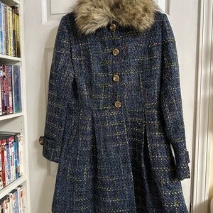 Women's Blue Tweed Coat with Faux Fur Collar